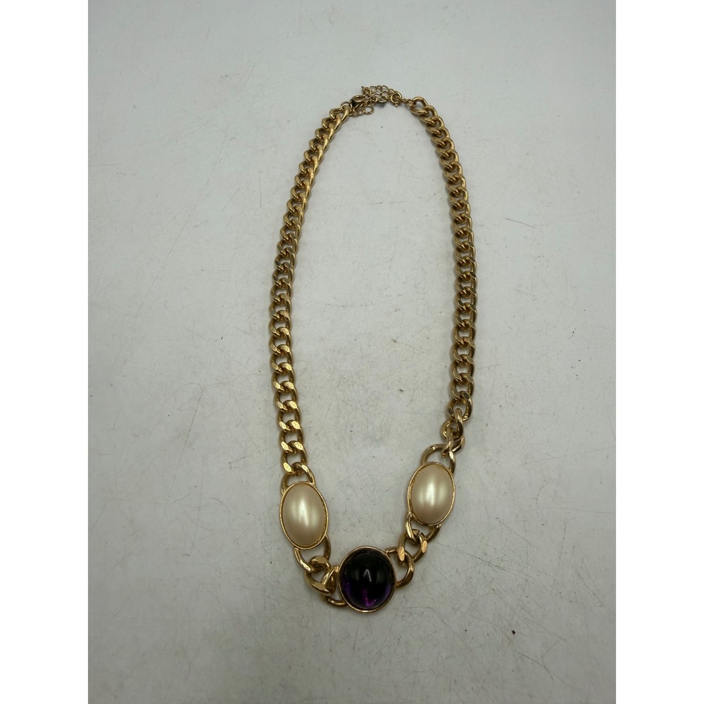 Vintage Gold Tone Curb Chain Faux Pearl Purple Stone Statement Necklace 19in